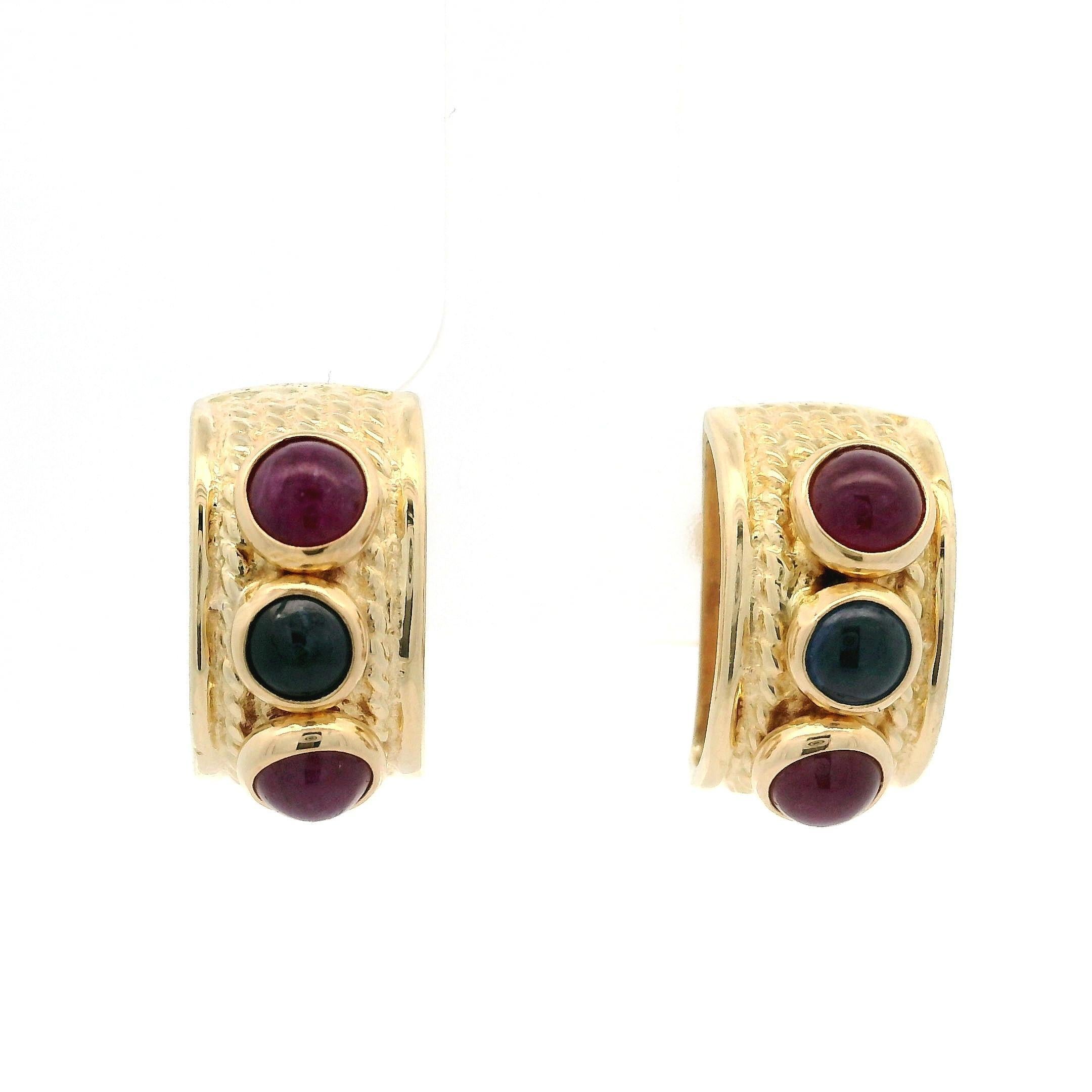 14k Yellow Gold Cabochon Sapphire Ruby Twisted Cable Dome Stud Earring For Sale 2