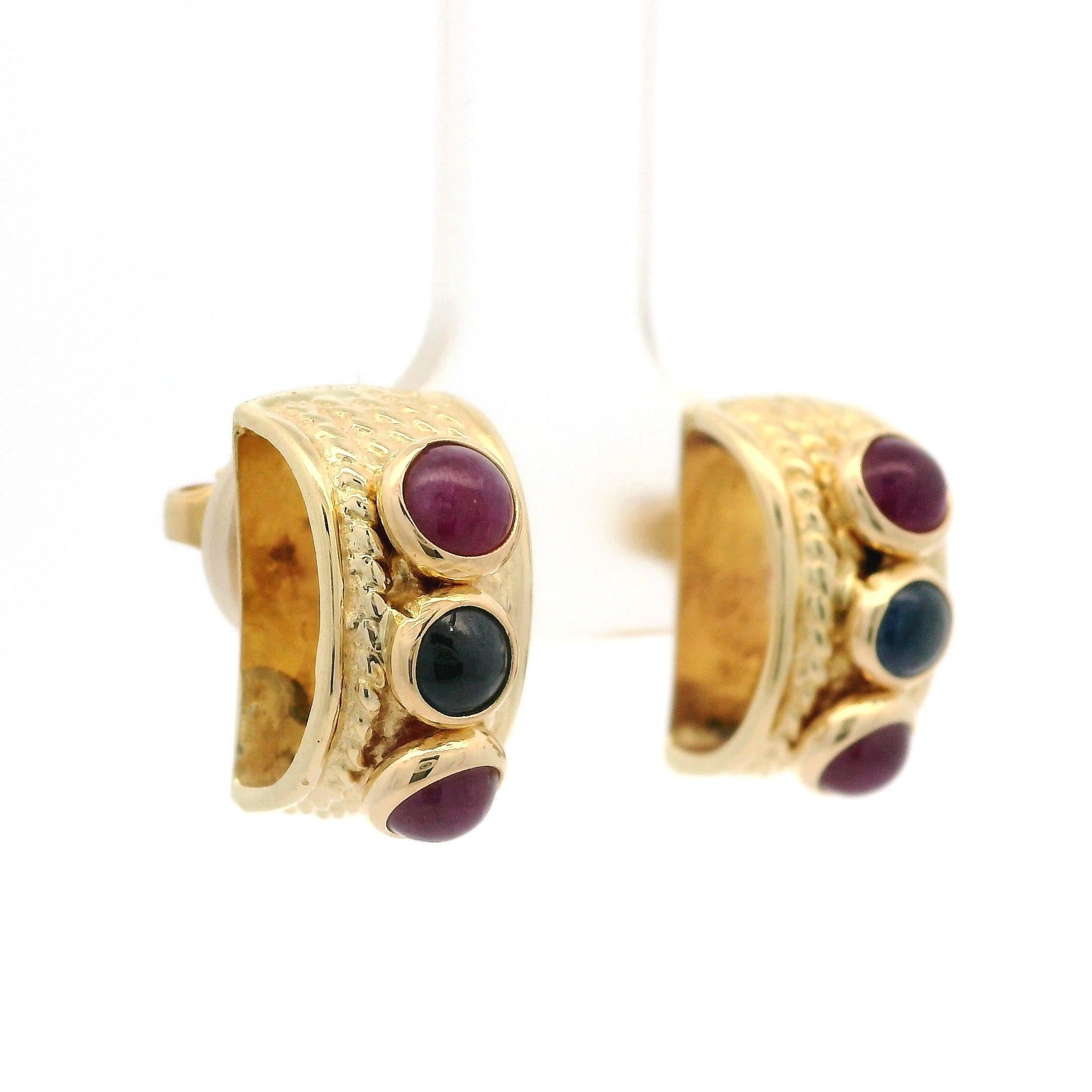 14k Yellow Gold Cabochon Sapphire Ruby Twisted Cable Dome Stud Earring For Sale 3