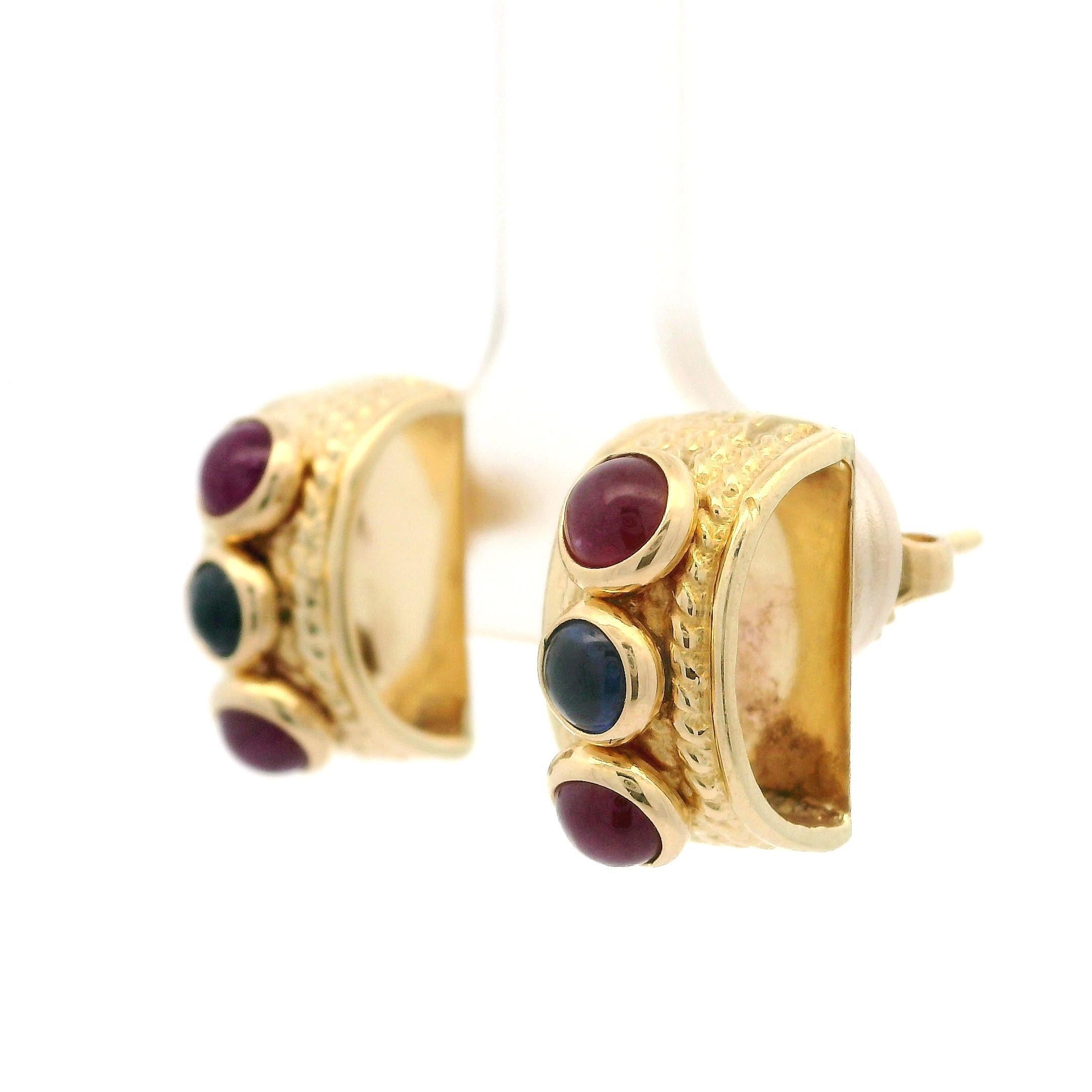 14k Yellow Gold Cabochon Sapphire Ruby Twisted Cable Dome Stud Earring For Sale 4