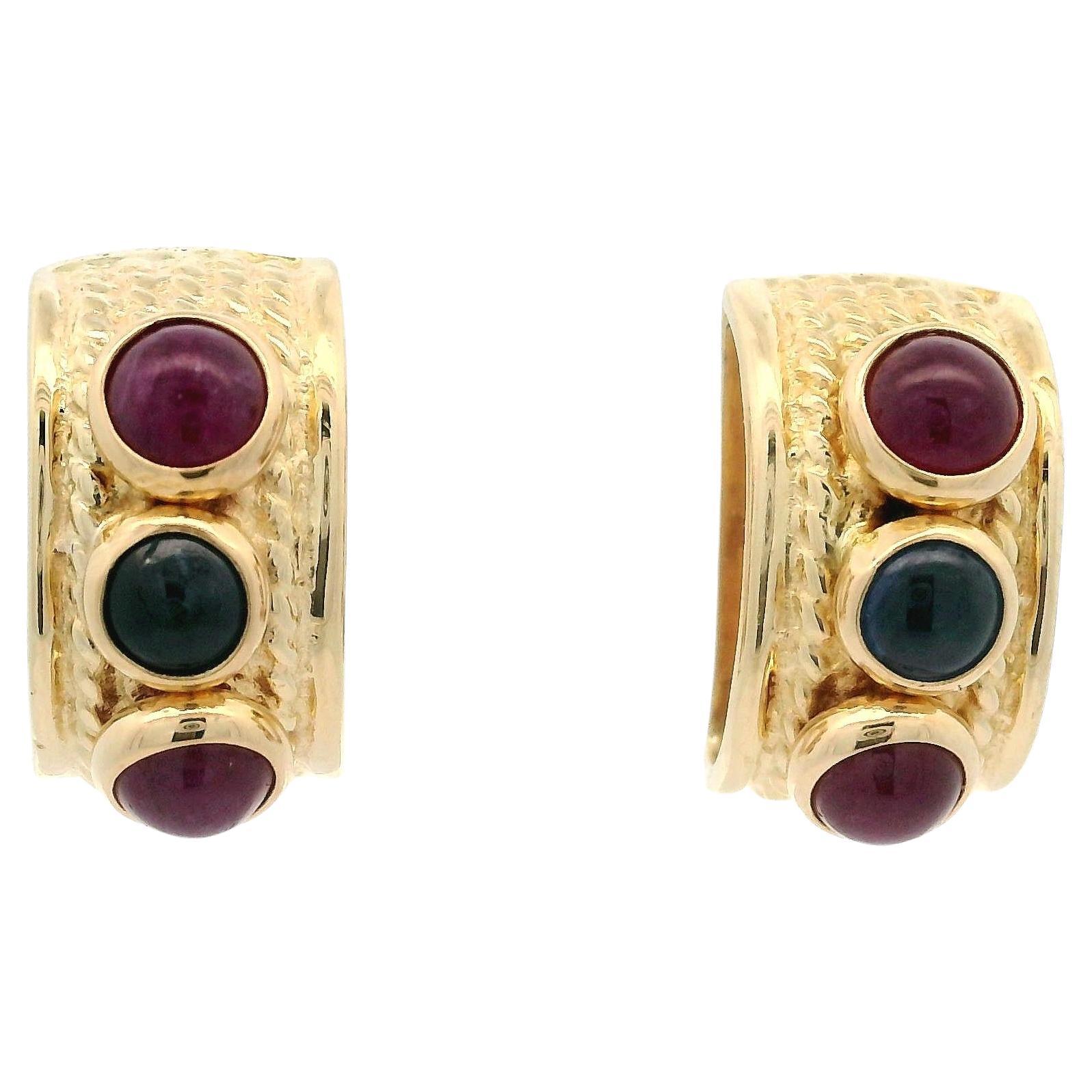 14k Yellow Gold Cabochon Sapphire Ruby Twisted Cable Dome Stud Earring For Sale