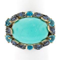 14k Yellow Gold Cabochon Turquoise w/ Blue Topaz & Iolite Large Cocktail Ring