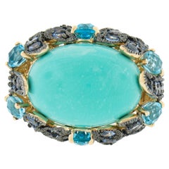 14k Yellow Gold Cabochon Turquoise w/ Blue Topaz & Iolite Large Cocktail Ring