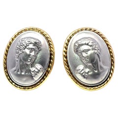 Vintage 14k Yellow Gold Cameo man's Face mirror Portrait earrings