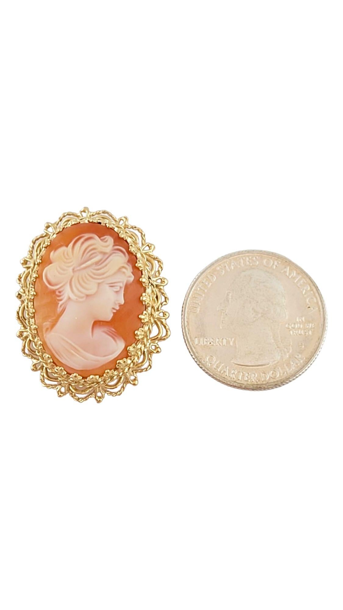 This gorgeous cameo pin is set in 14K yellow gold and doubles as a pendant as well!

Size: 33.3mm X 25.9mm X 9.4mm

Weight: 6.7 g/ 4.3 dwt

Hallmark: 14K

*Chain not included*

Very good condition, professionally polished.

Will come packaged in a