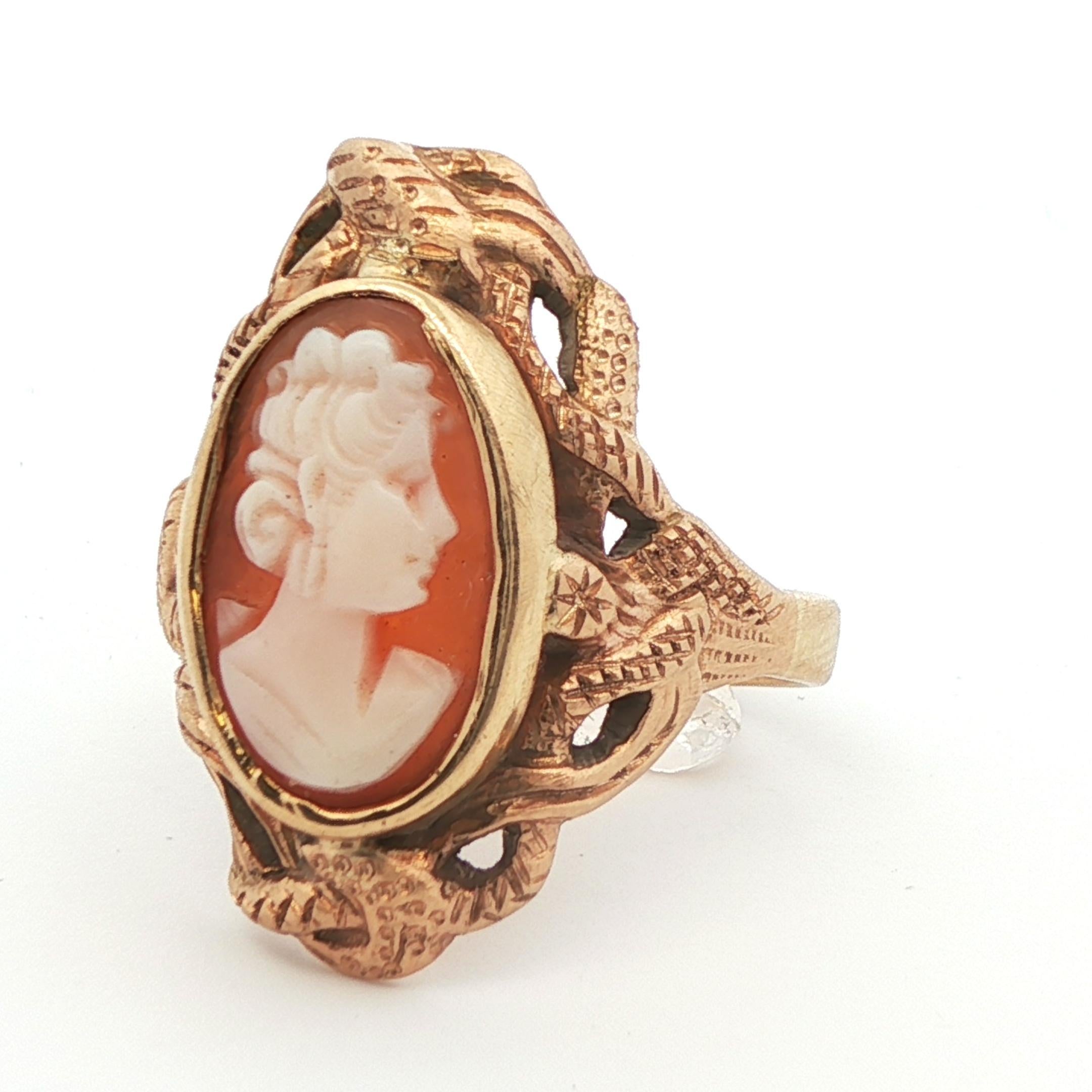 Women's 14k Yellow Gold Cameo Snake Ring 1890 Edwardian For Sale