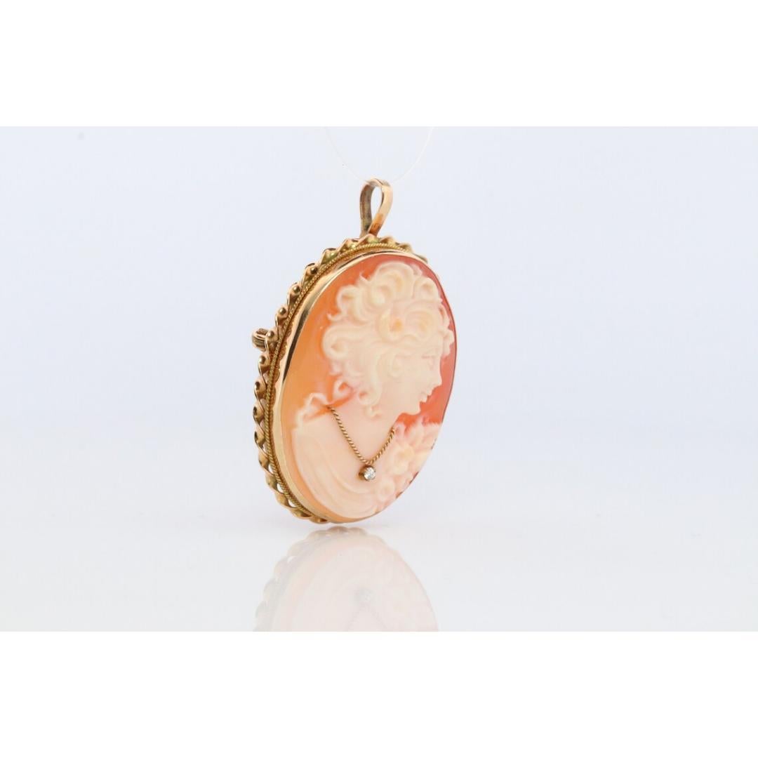 14k Yellow Gold Cameo w/ Diamond, Vintage Filigree Carved Shell Brooch Pin In Good Condition For Sale In Port Charlotte, FL
