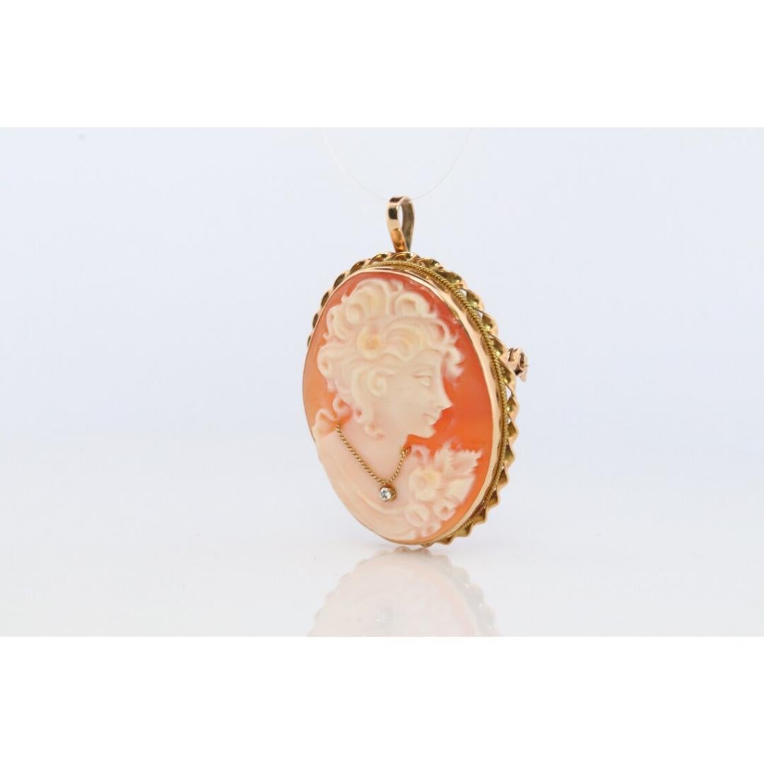 Women's 14k Yellow Gold Cameo w/ Diamond, Vintage Filigree Carved Shell Brooch Pin For Sale