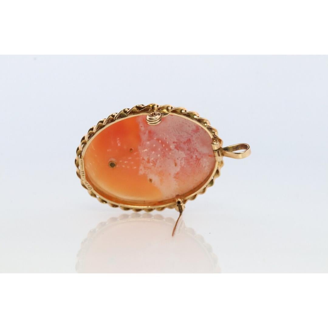 14k Yellow Gold Cameo w/ Diamond, Vintage Filigree Carved Shell Brooch Pin For Sale 2