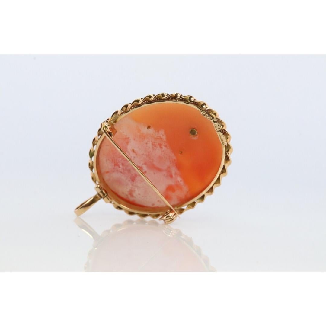 14k Yellow Gold Cameo w/ Diamond, Vintage Filigree Carved Shell Brooch Pin For Sale 3