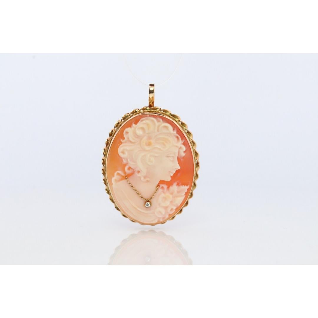 14k Yellow Gold Cameo w/ Diamond, Vintage Filigree Carved Shell Brooch Pin For Sale 4