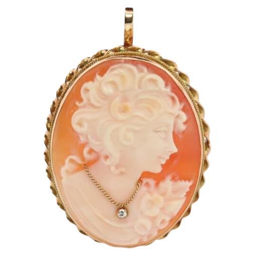 Alfiler broche de concha tallada en filigrana vintage de oro amarillo de 14k con camafeo y diamantes