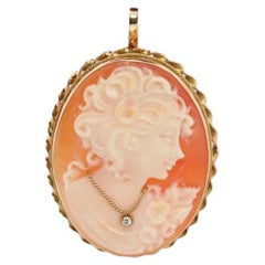 14k Yellow Gold Cameo w/ Diamond, Vintage Filigree Carved Shell Brooch Pin