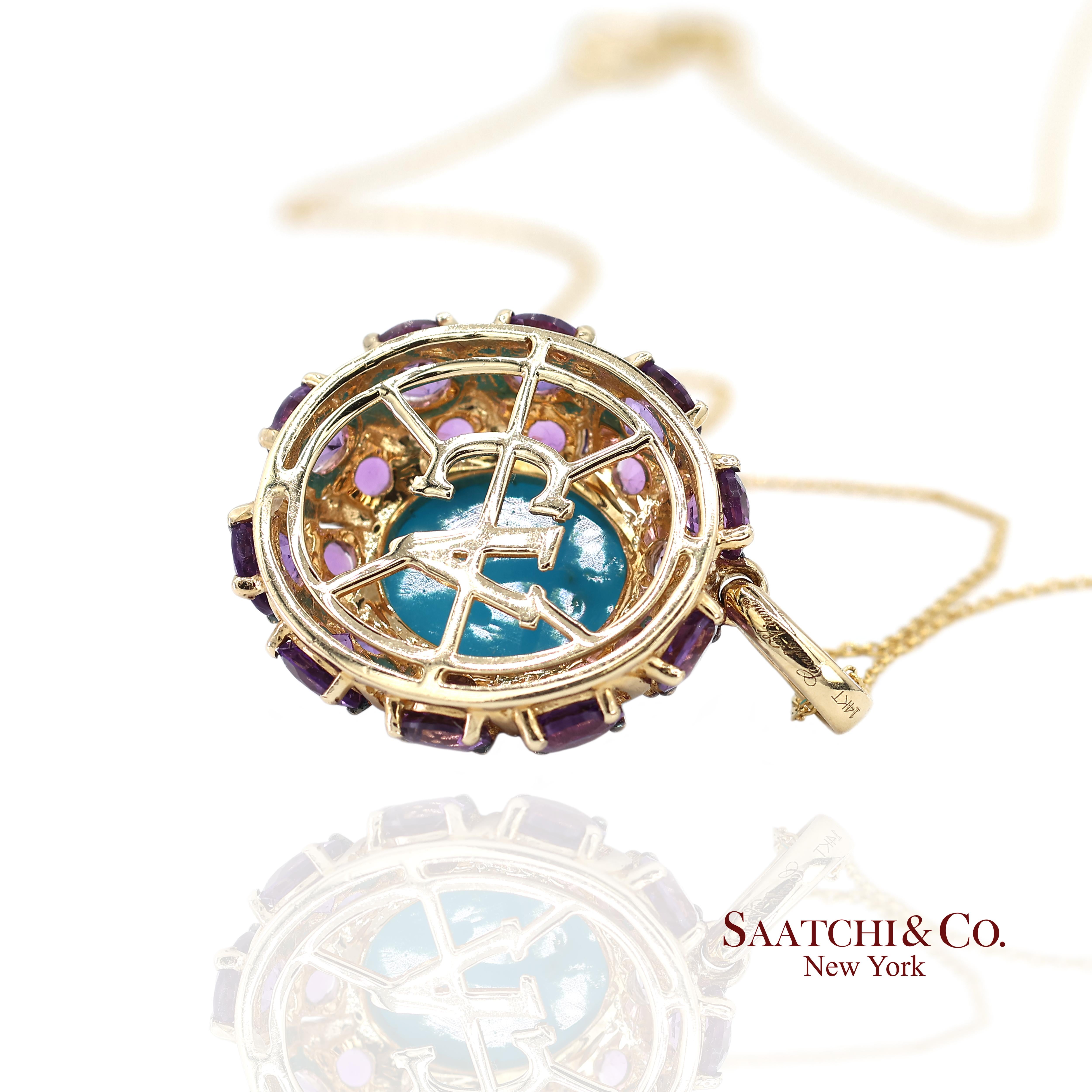 Collier à pendentifs en or jaune 14K Carlo Viani Turquoise et Améthyste avec chaîne en vente 4