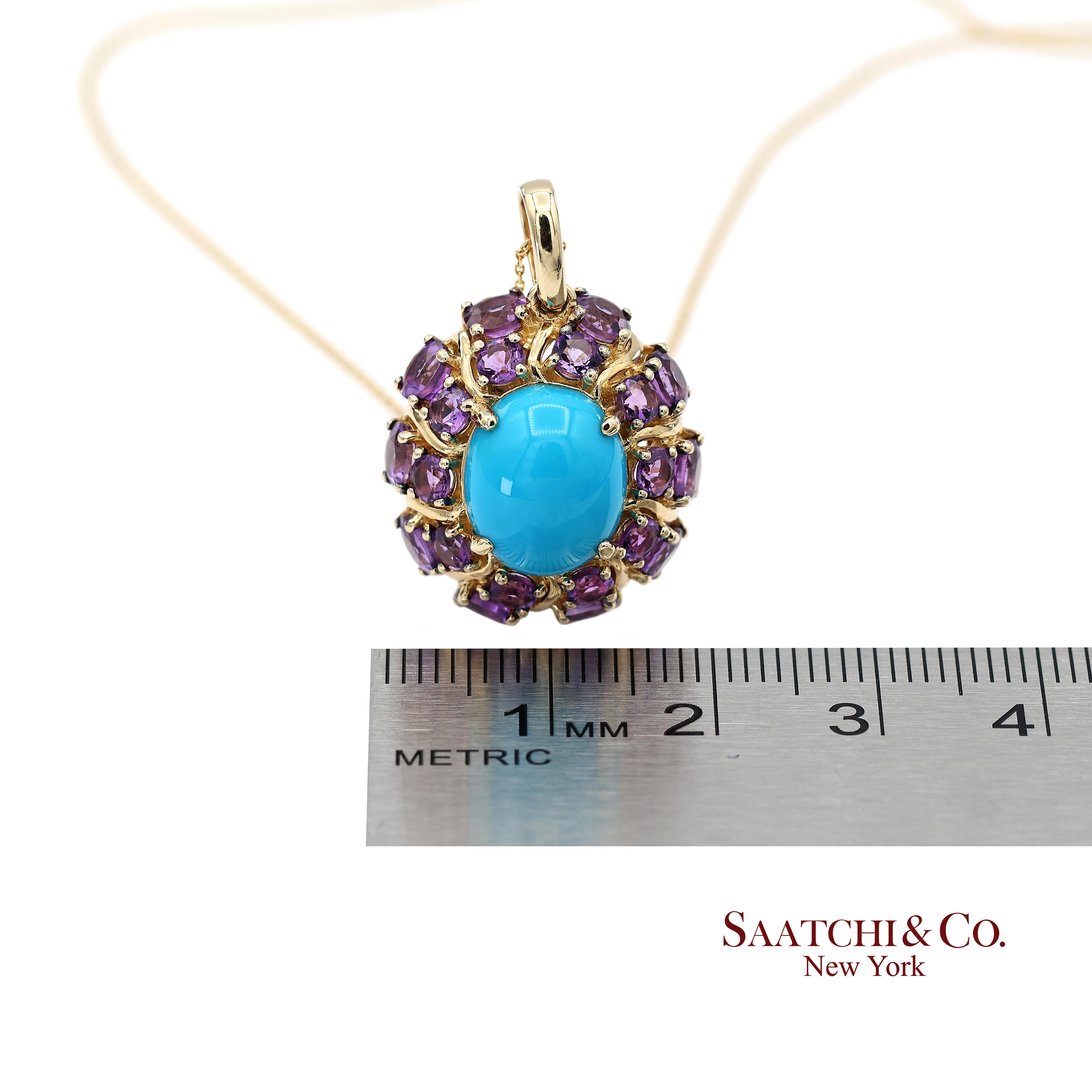 Collier à pendentifs en or jaune 14K Carlo Viani Turquoise et Améthyste avec chaîne en vente 8
