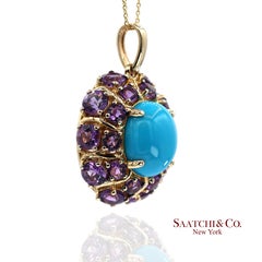 14K Yellow Gold Carlo Viani Turquoise and Amethyst Pendant Necklace with Chain