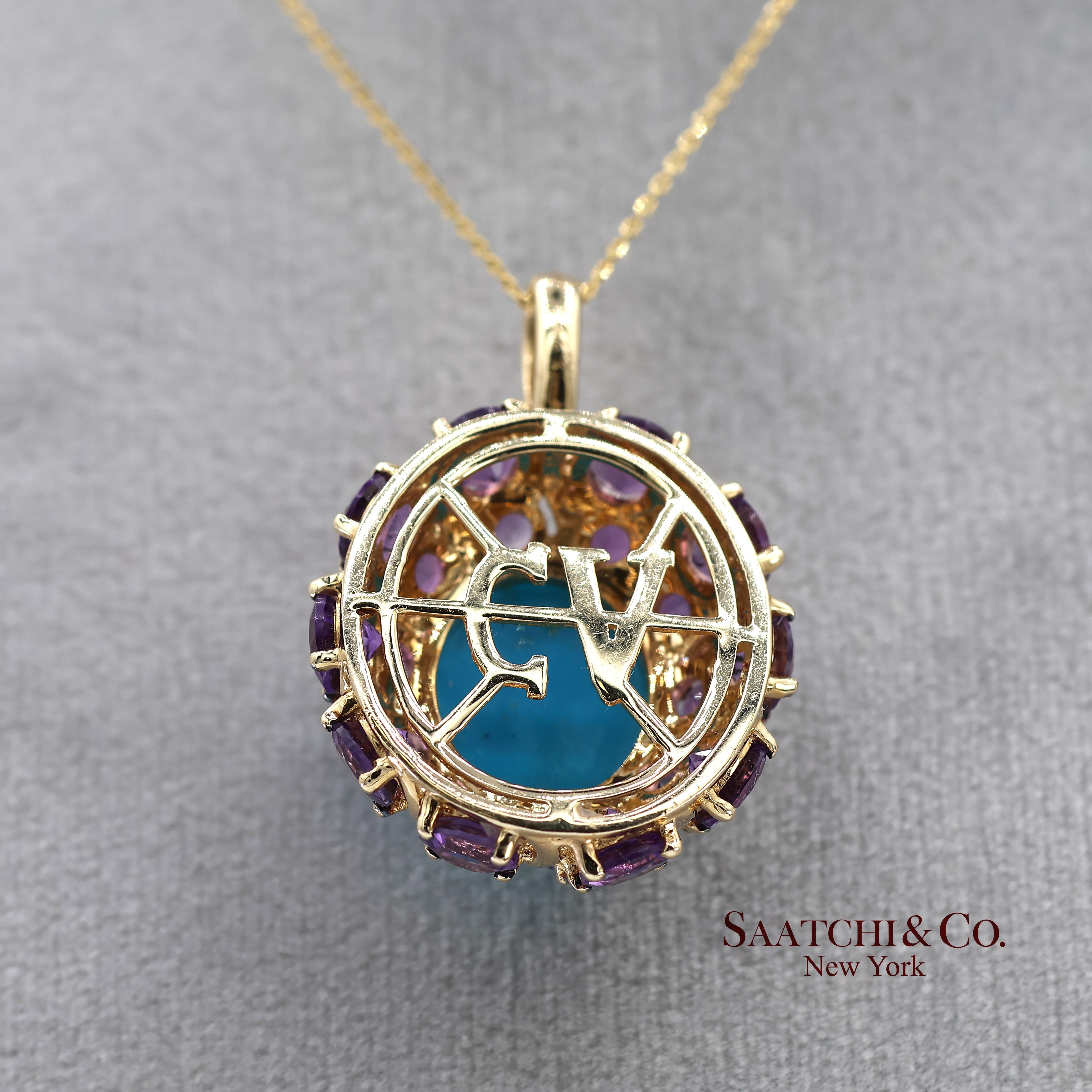 Collier à pendentifs en or jaune 14K Carlo Viani Turquoise et Améthyste avec chaîne en vente 1