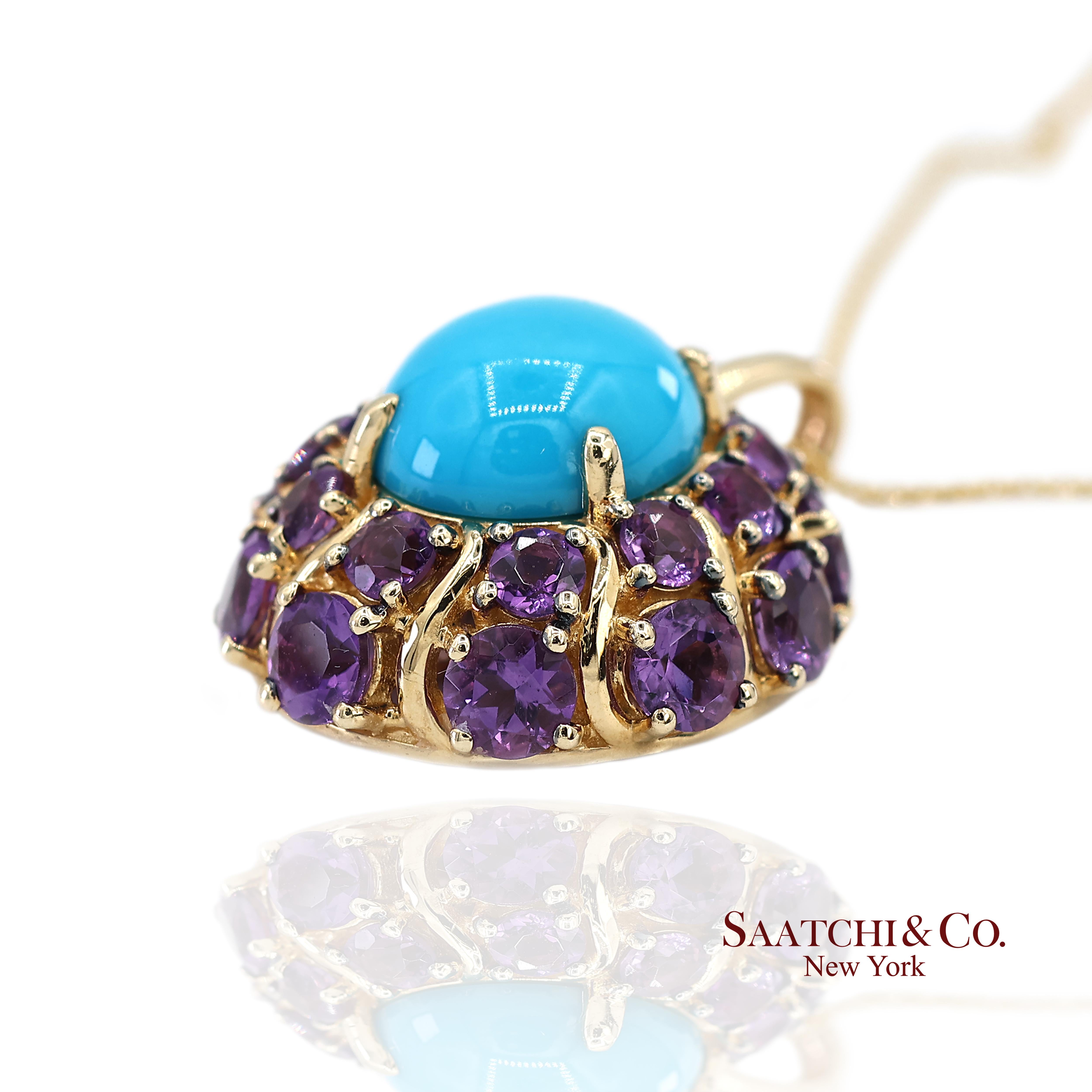 Collier à pendentifs en or jaune 14K Carlo Viani Turquoise et Améthyste avec chaîne en vente 3