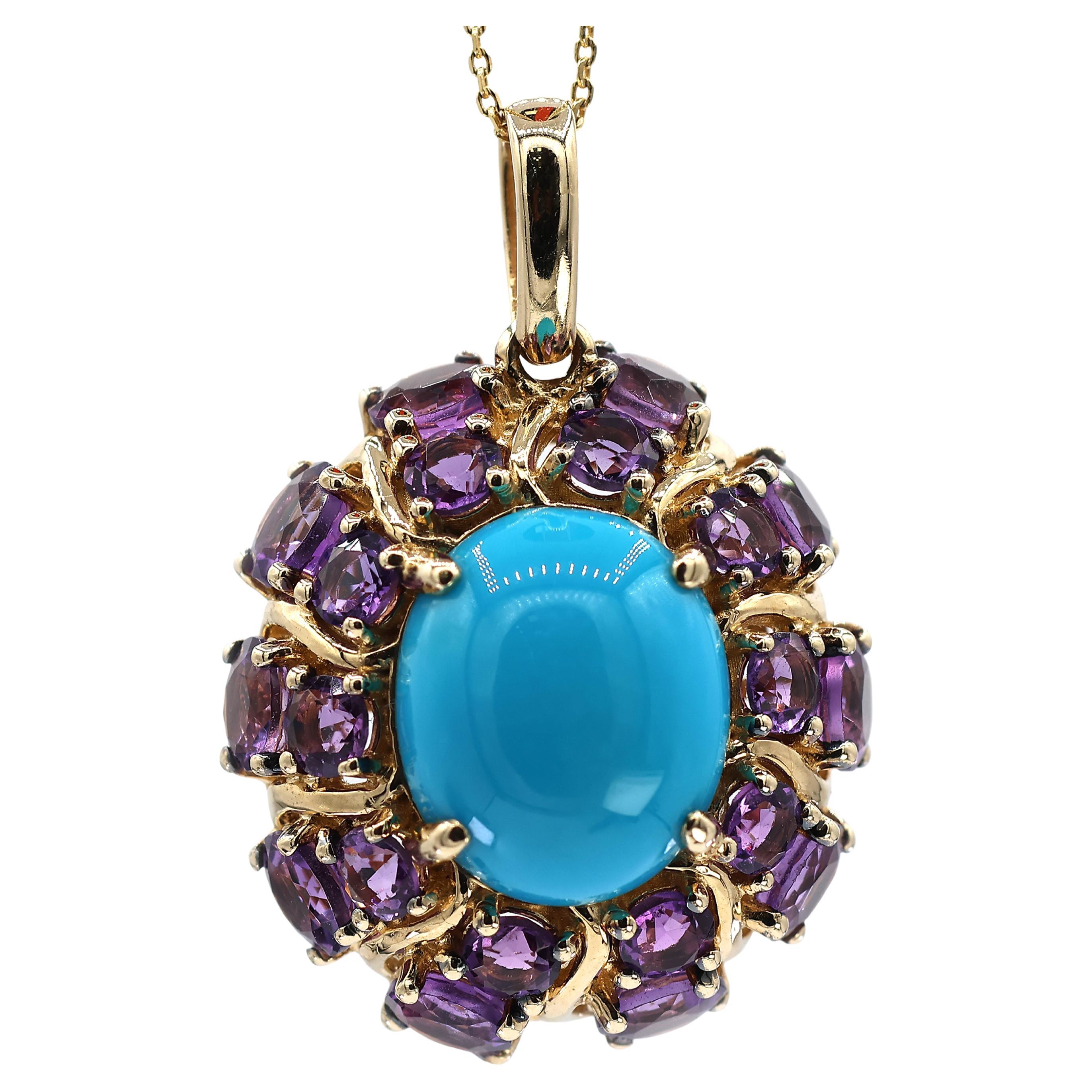 Collier à pendentifs en or jaune 14K Carlo Viani Turquoise et Améthyste avec chaîne en vente