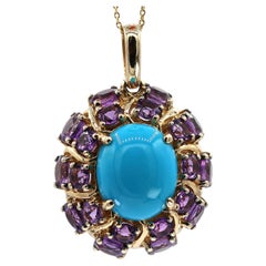 14K Yellow Gold Carlo Viani Turquoise and Amethyst Pendant Necklace with Chain
