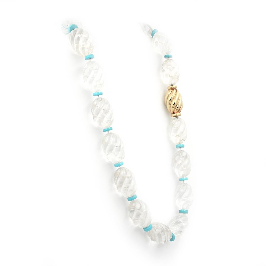 Modern 14k Yellow Gold Carved Crystal & Turquoise Bead Necklace