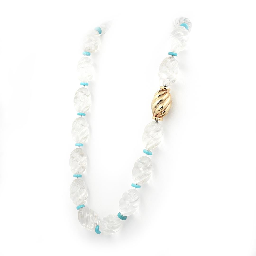 14k Yellow Gold Carved Crystal & Turquoise Bead Necklace In Good Condition In Dallas, TX