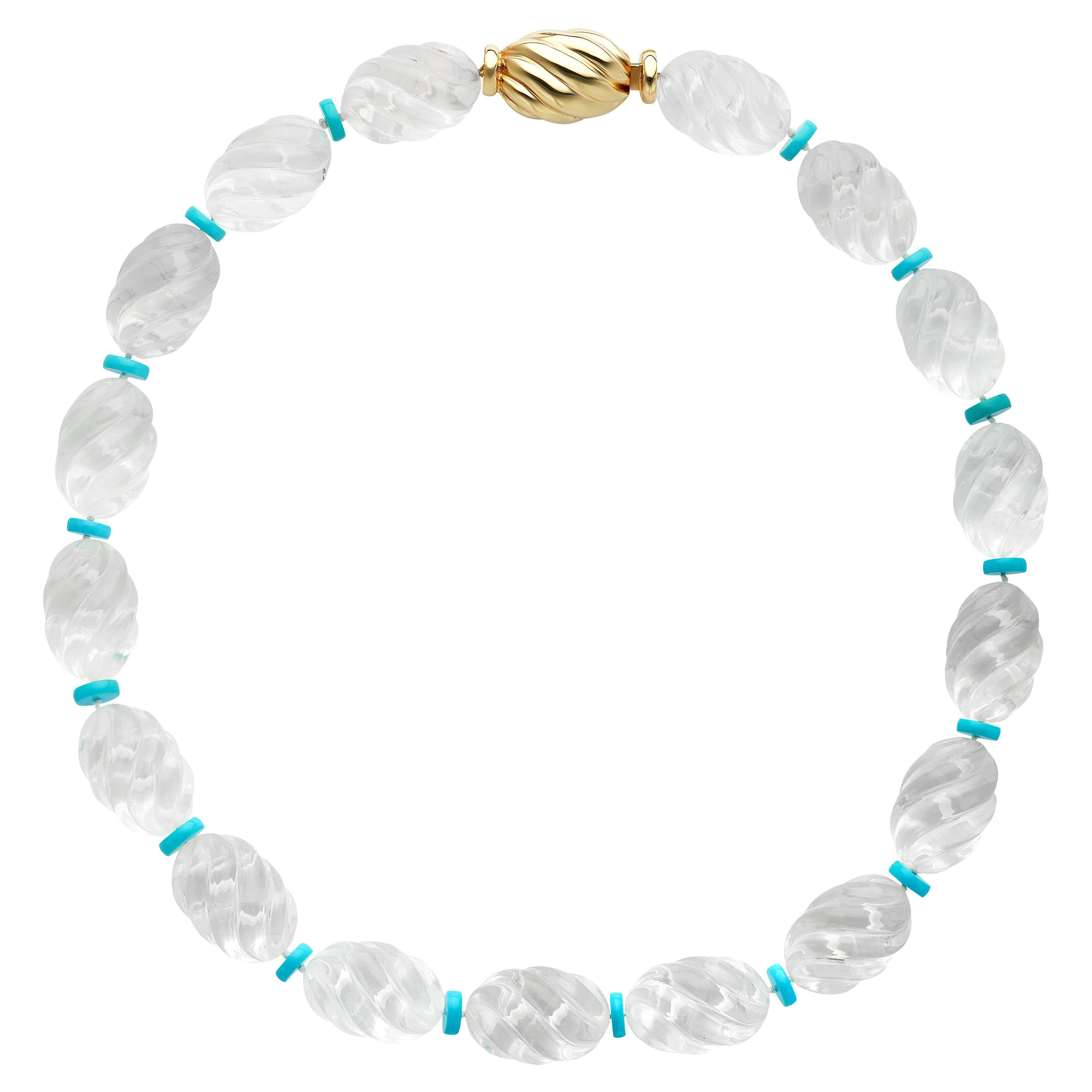 14k Yellow Gold Carved Crystal & Turquoise Bead Necklace