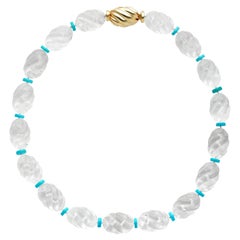 Vintage 14k Yellow Gold Carved Crystal & Turquoise Bead Necklace