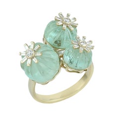 14K Yellow Gold Carved Emerald Melon & Diamond Cocktail Ring