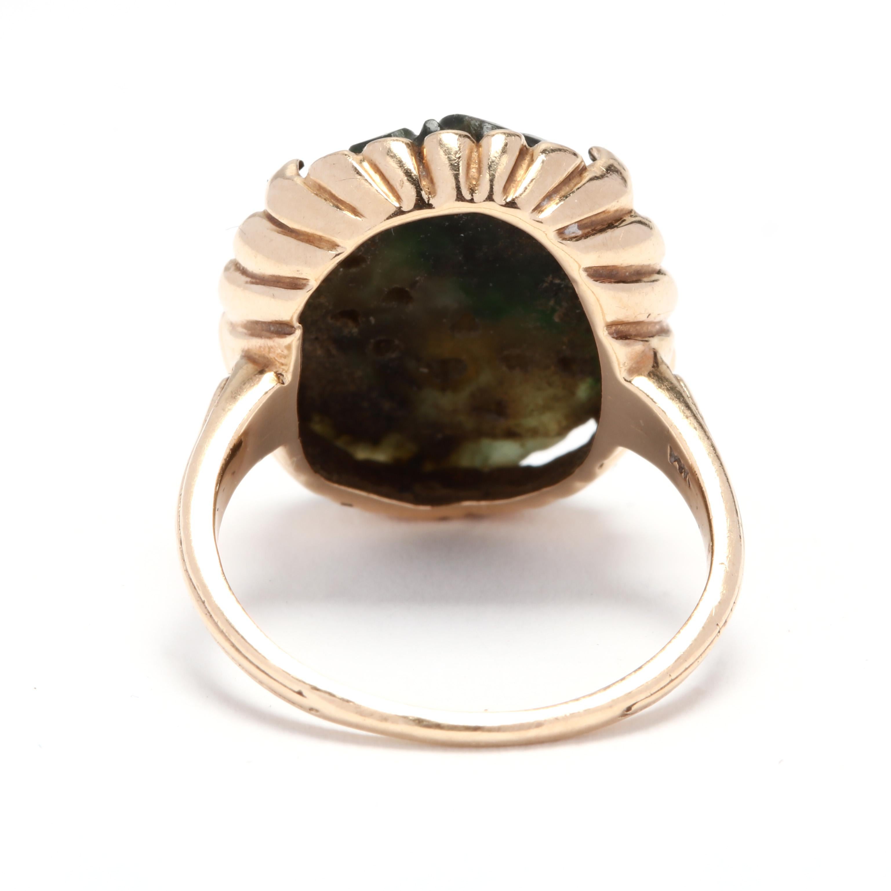 Oval Cut 14 Karat Yellow Gold and Carved Green Jade Statement / Cocktail Ring