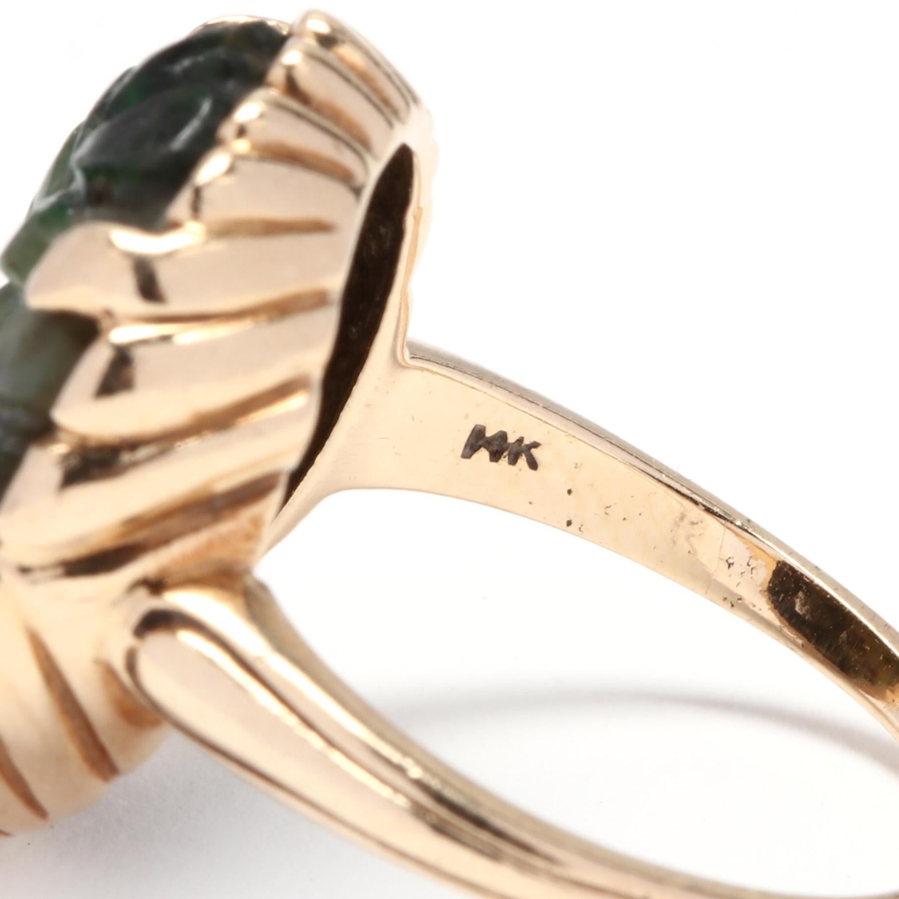 Women's or Men's 14 Karat Yellow Gold and Carved Green Jade Statement / Cocktail Ring