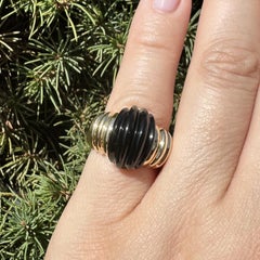 14k Yellow Gold Carved Grooved Black Onyx Wide Band Ring