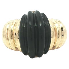 14k Yellow Gold Carved Grooved Black Onyx Wide Band Ring