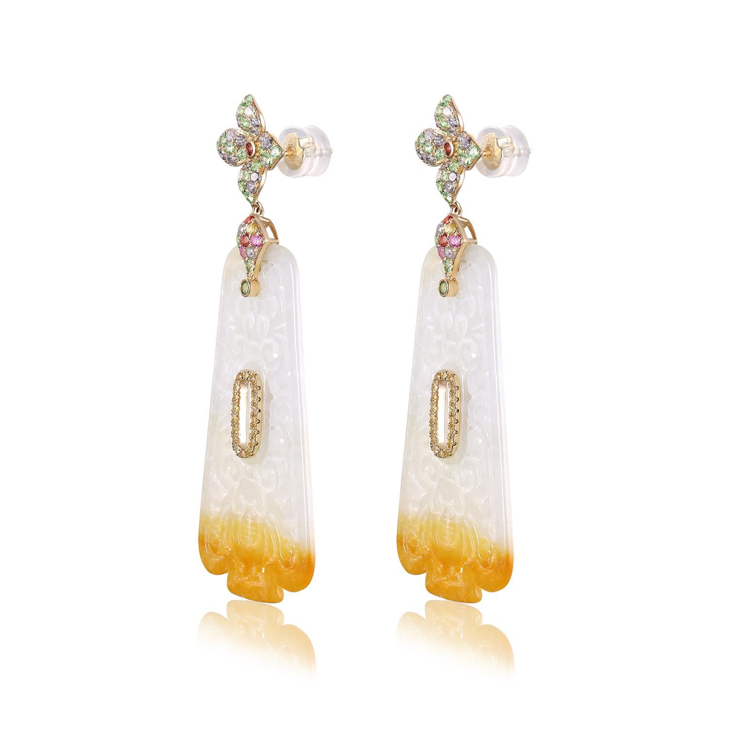 14K Yellow Gold Carved Jade Drop Earrings with Fancy Sapphires & Garnet Accents For Sale 5