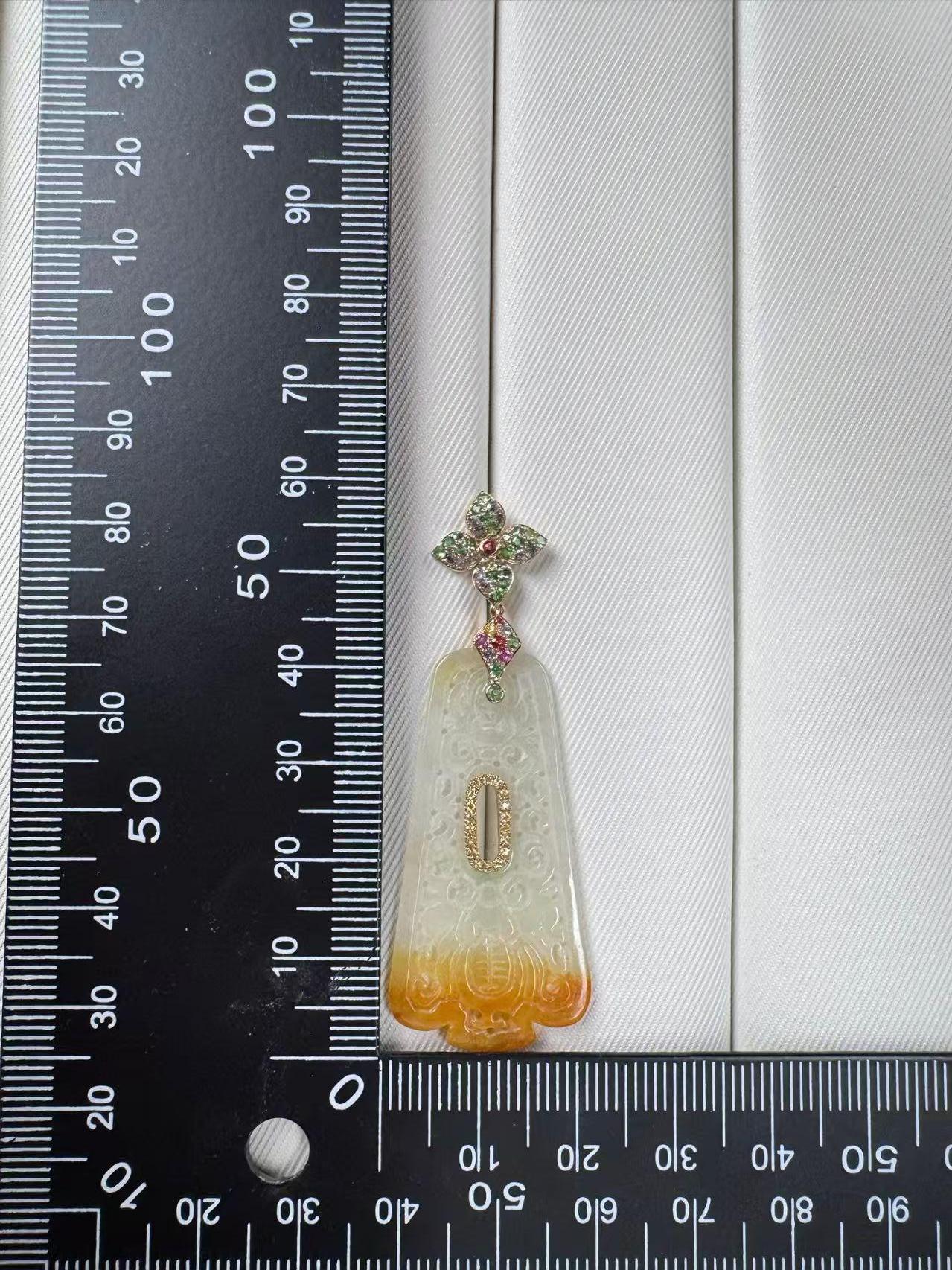 Contemporary 14K Yellow Gold Carved Jade Drop Earrings with Fancy Sapphires & Garnet Accents For Sale