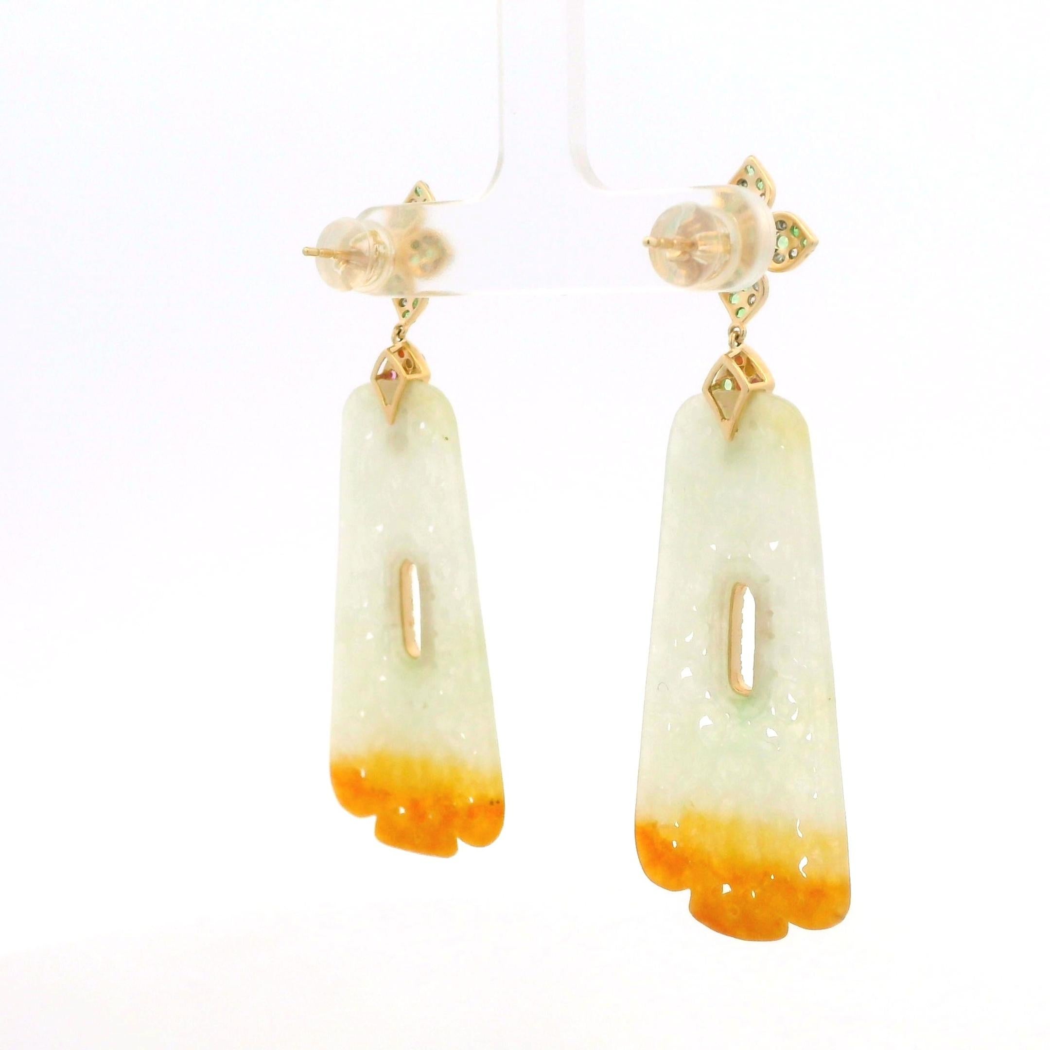 Women's 14K Yellow Gold Carved Jade Drop Earrings with Fancy Sapphires & Garnet Accents For Sale