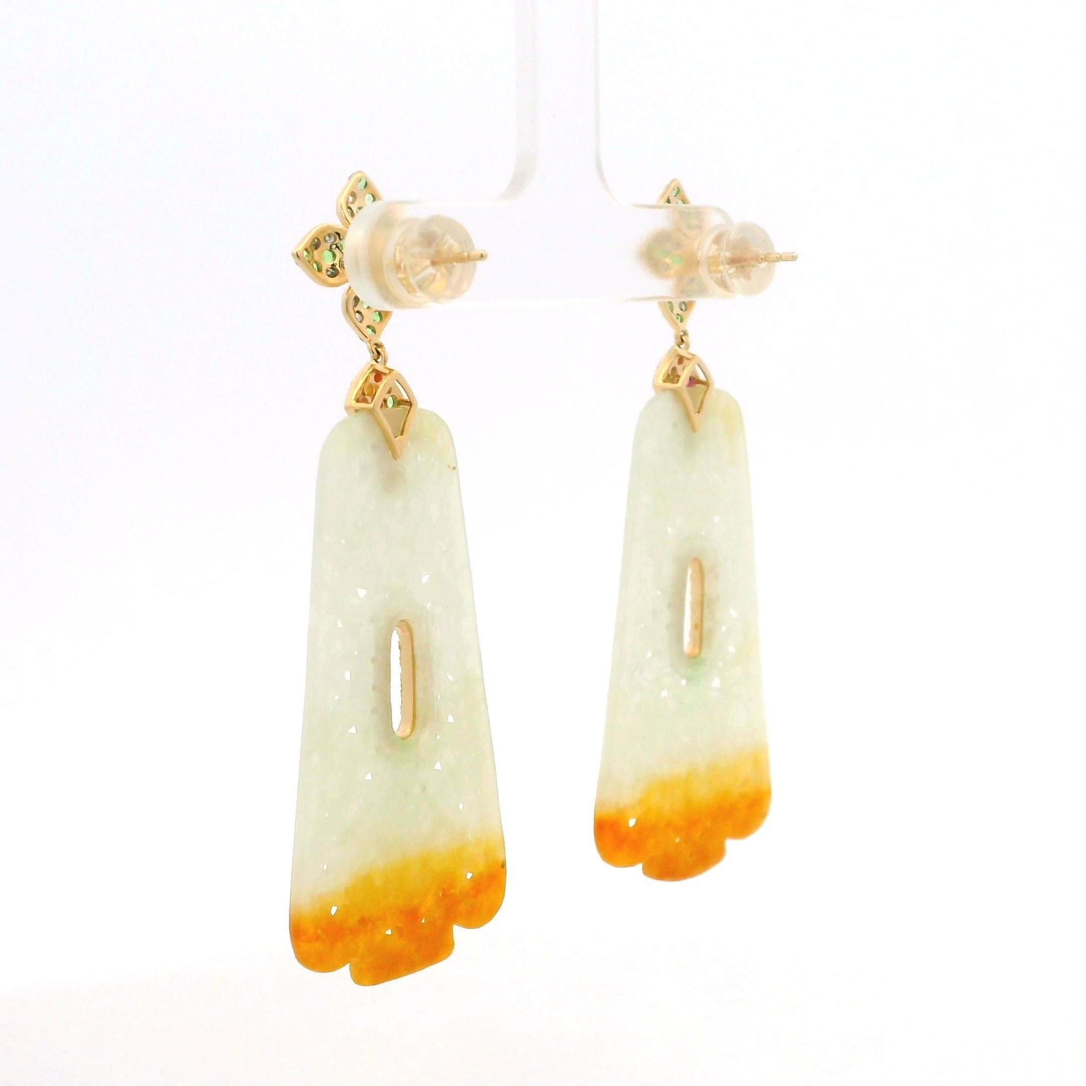 14K Yellow Gold Carved Jade Drop Earrings with Fancy Sapphires & Garnet Accents For Sale 1