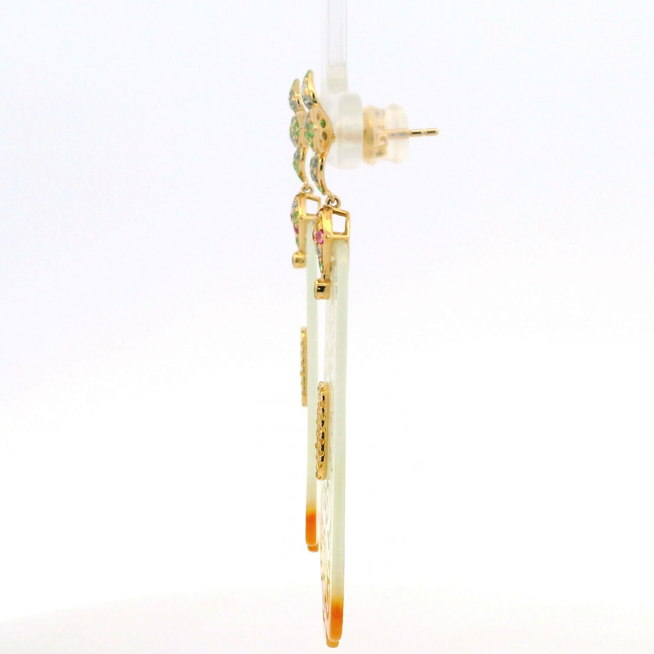 14K Yellow Gold Carved Jade Drop Earrings with Fancy Sapphires & Garnet Accents For Sale 2