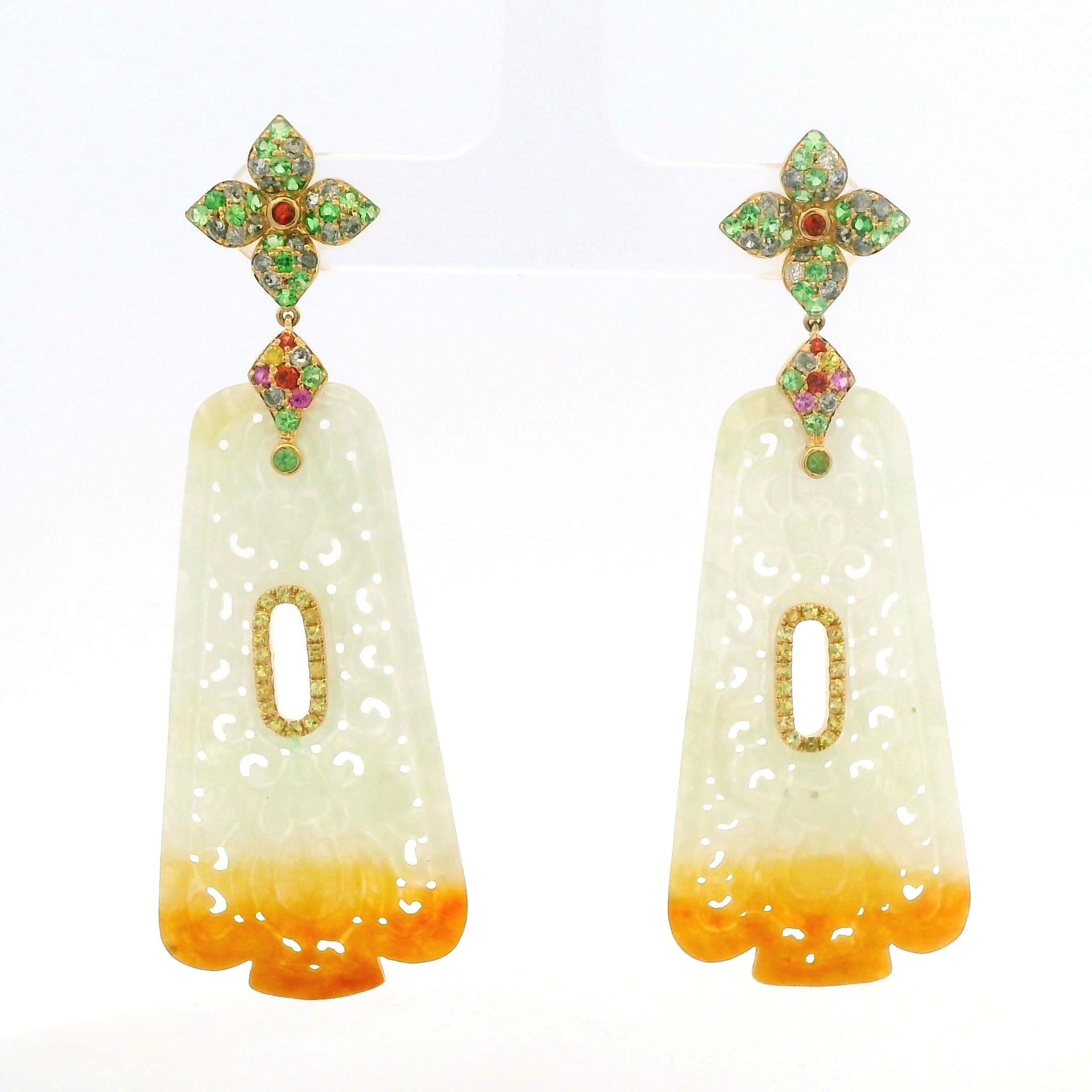 14K Yellow Gold Carved Jade Drop Earrings with Fancy Sapphires & Garnet Accents For Sale 3