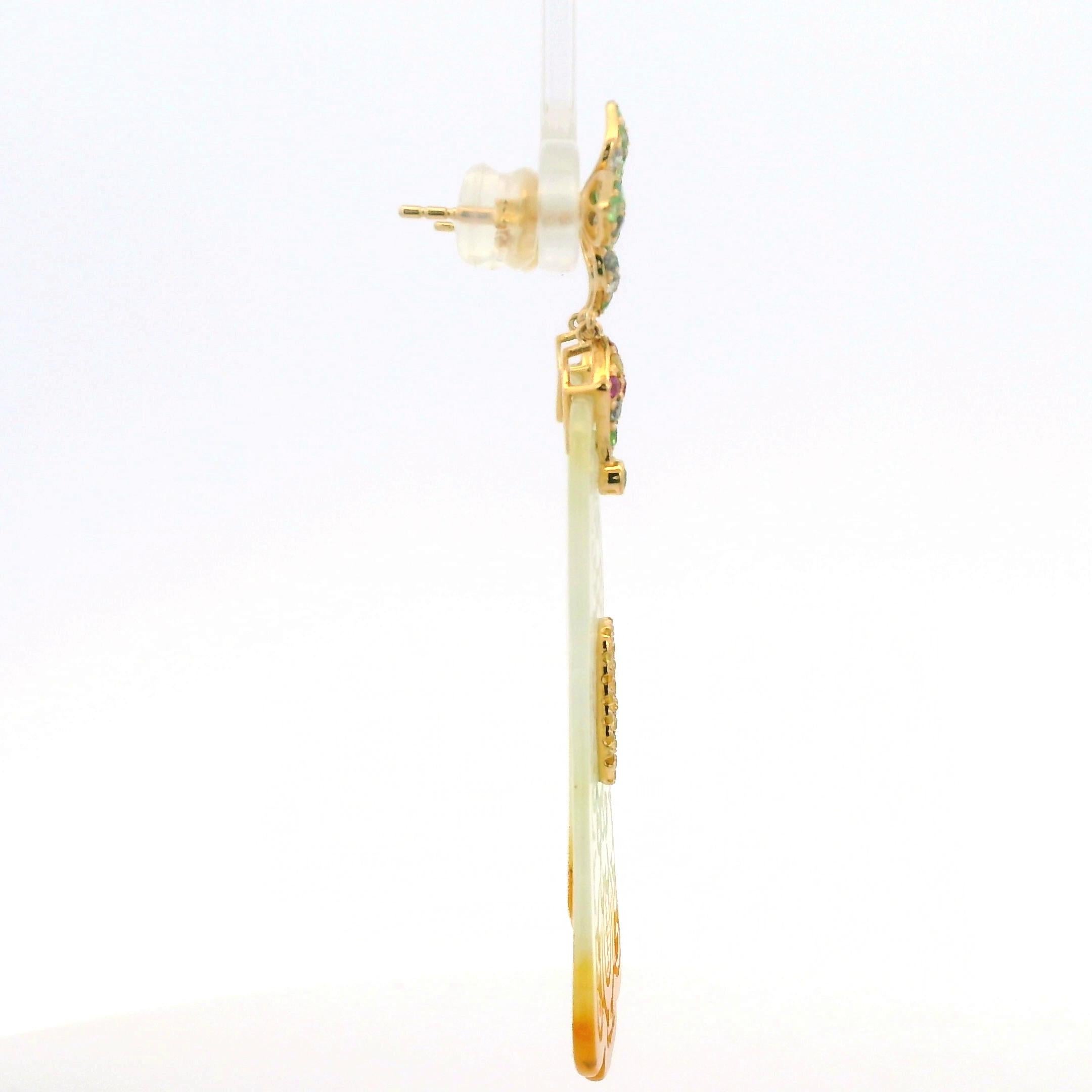 14K Yellow Gold Carved Jade Drop Earrings with Fancy Sapphires & Garnet Accents For Sale 4