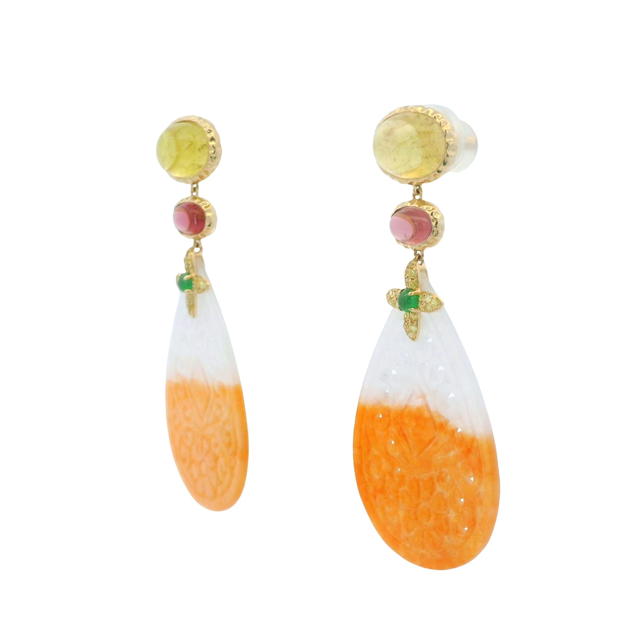 14K Yellow Gold Carved Jade Drop Earrings with Tourmaline & Sapphire For Sale 4