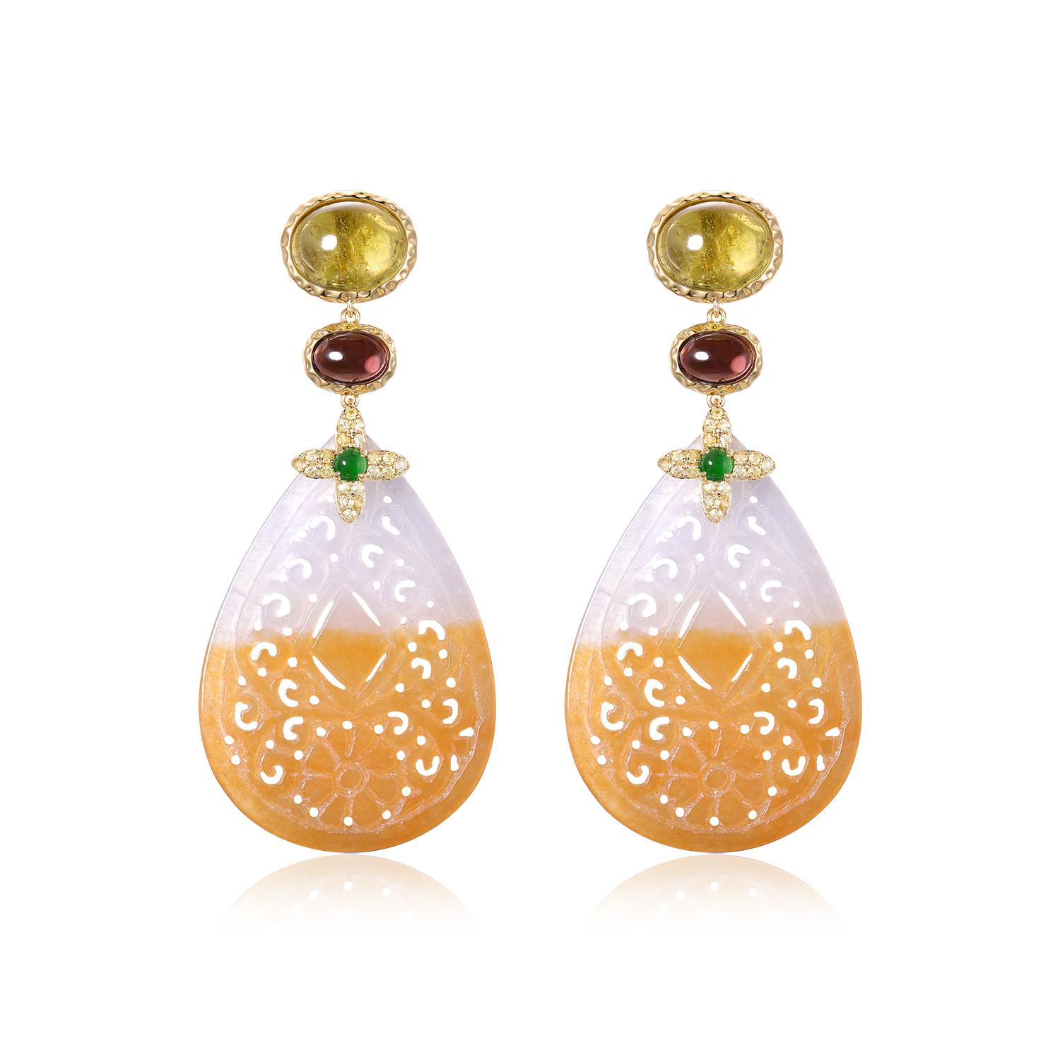 Boucles d'oreilles pendantes en or jaune 14K en jade sculpté avec tourmaline et saphir en vente 6