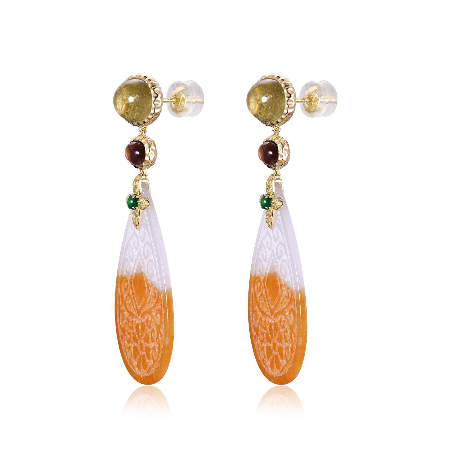 Boucles d'oreilles pendantes en or jaune 14K en jade sculpté avec tourmaline et saphir en vente 7