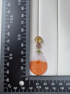 14K Yellow Gold Carved Jade Drop Earrings with Tourmaline & Sapphire