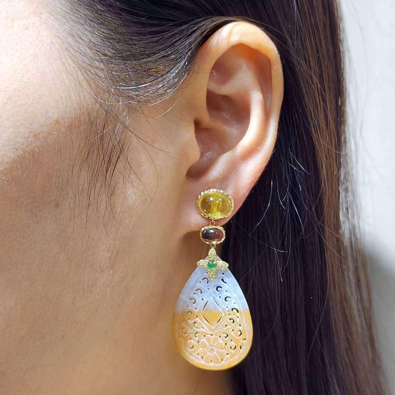 Contemporary 14K Yellow Gold Carved Jade Drop Earrings with Tourmaline & Sapphire For Sale