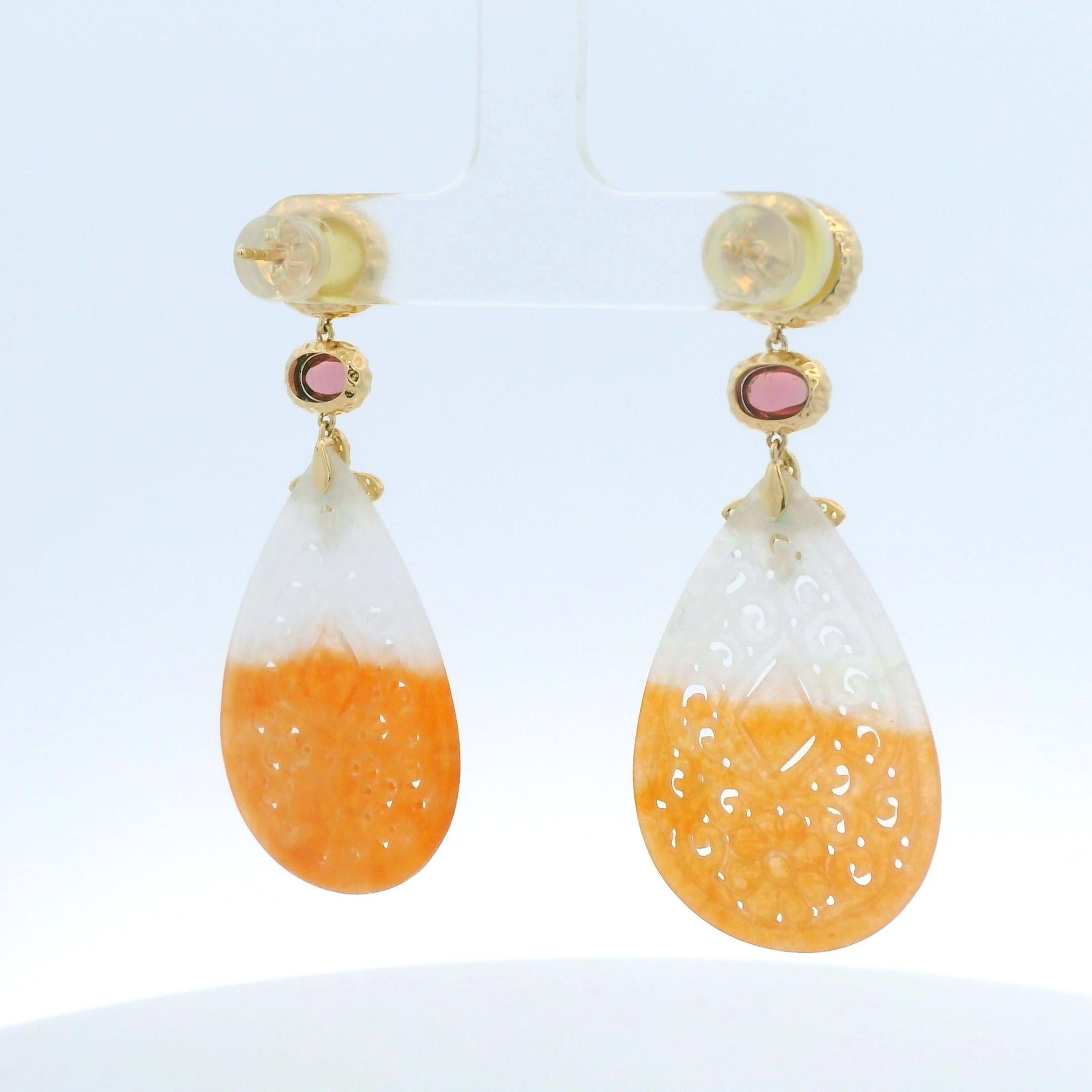 Mixed Cut 14K Yellow Gold Carved Jade Drop Earrings with Tourmaline & Sapphire For Sale
