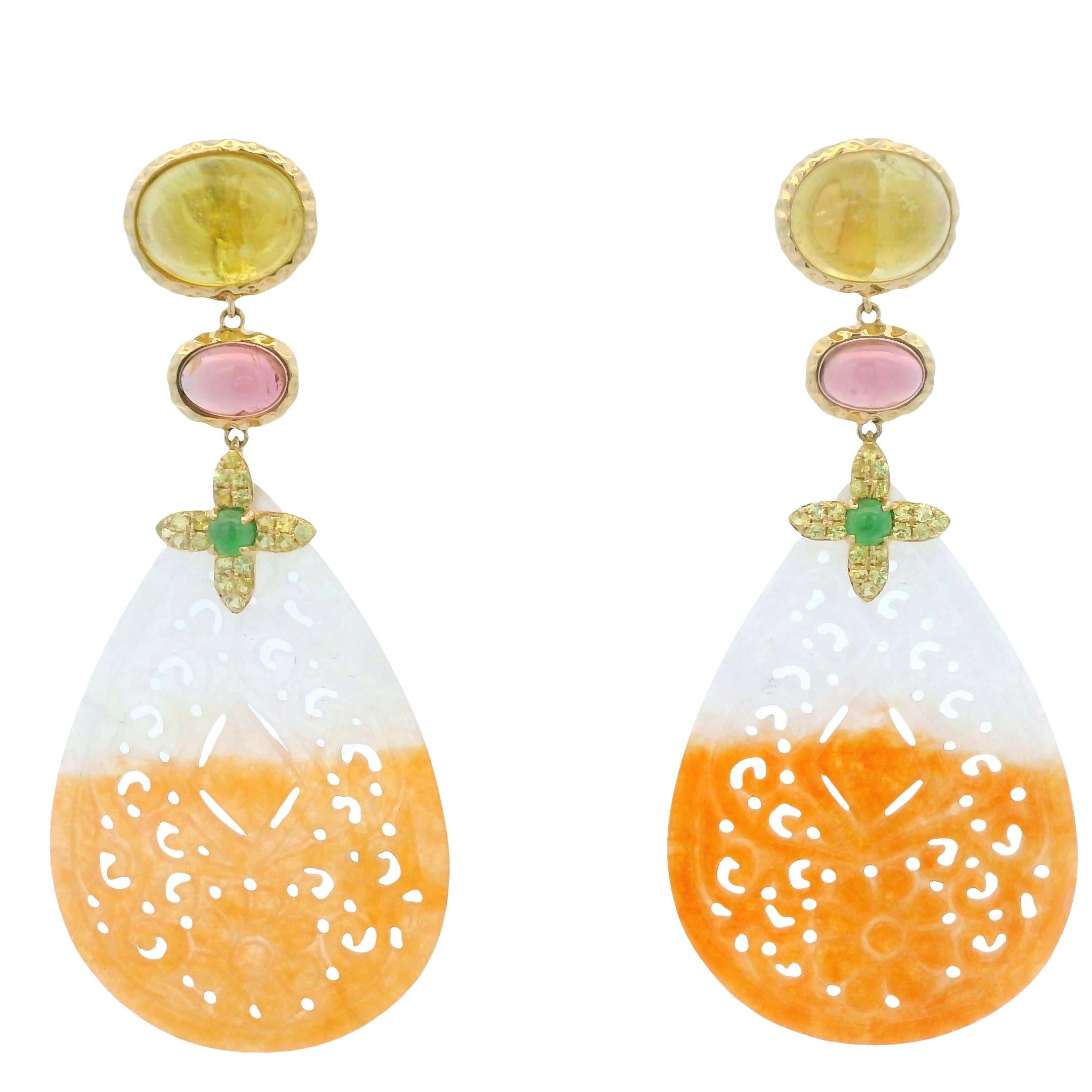 Women's 14K Yellow Gold Carved Jade Drop Earrings with Tourmaline & Sapphire For Sale