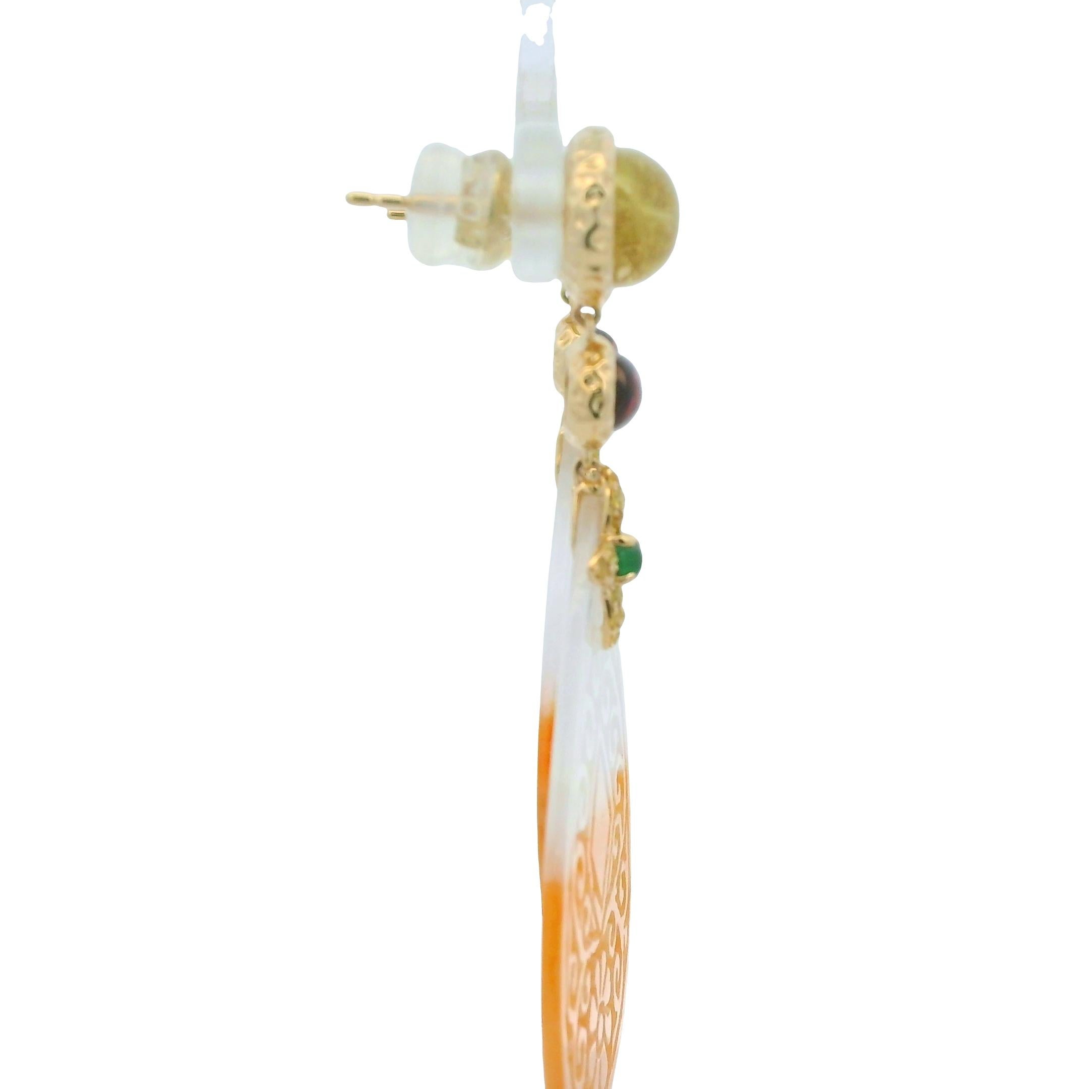 14K Yellow Gold Carved Jade Drop Earrings with Tourmaline & Sapphire For Sale 1