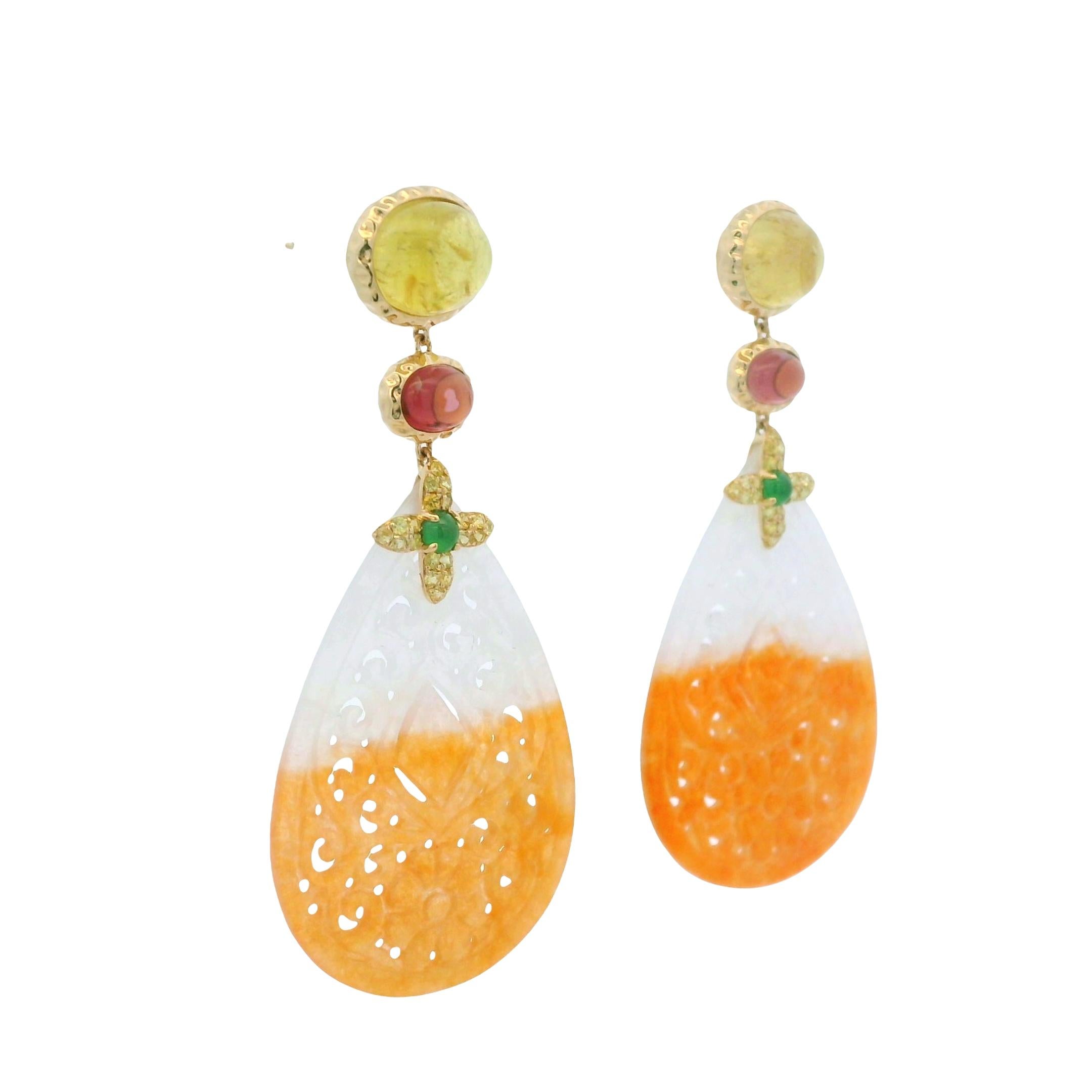14K Yellow Gold Carved Jade Drop Earrings with Tourmaline & Sapphire For Sale 3