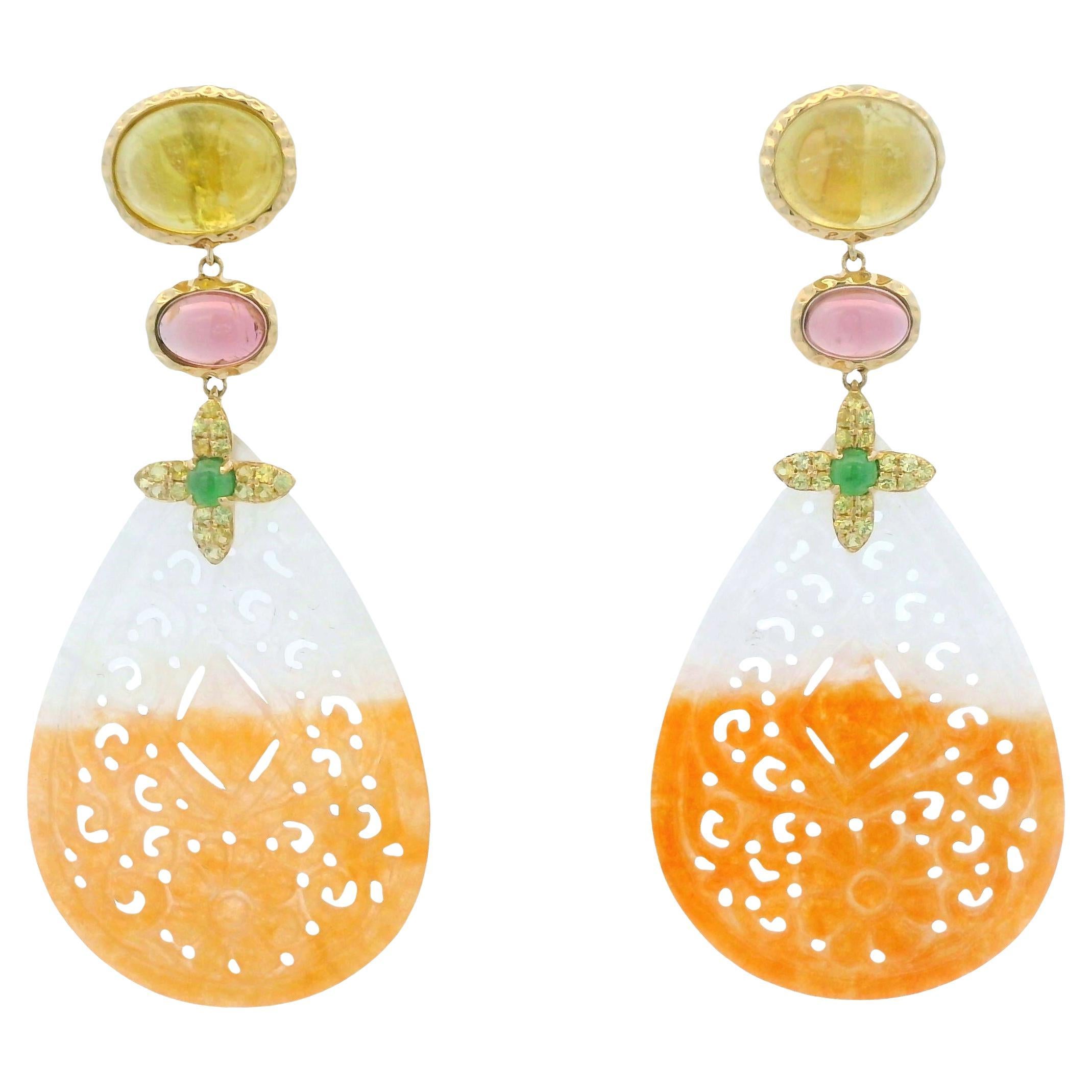 14K Yellow Gold Carved Jade Drop Earrings with Tourmaline & Sapphire