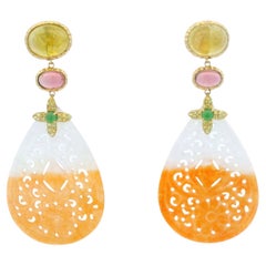 14K Yellow Gold Carved Jade Drop Earrings with Tourmaline & Sapphire
